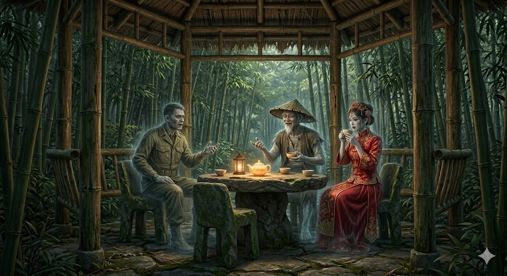 Three spirits under a pavilion.